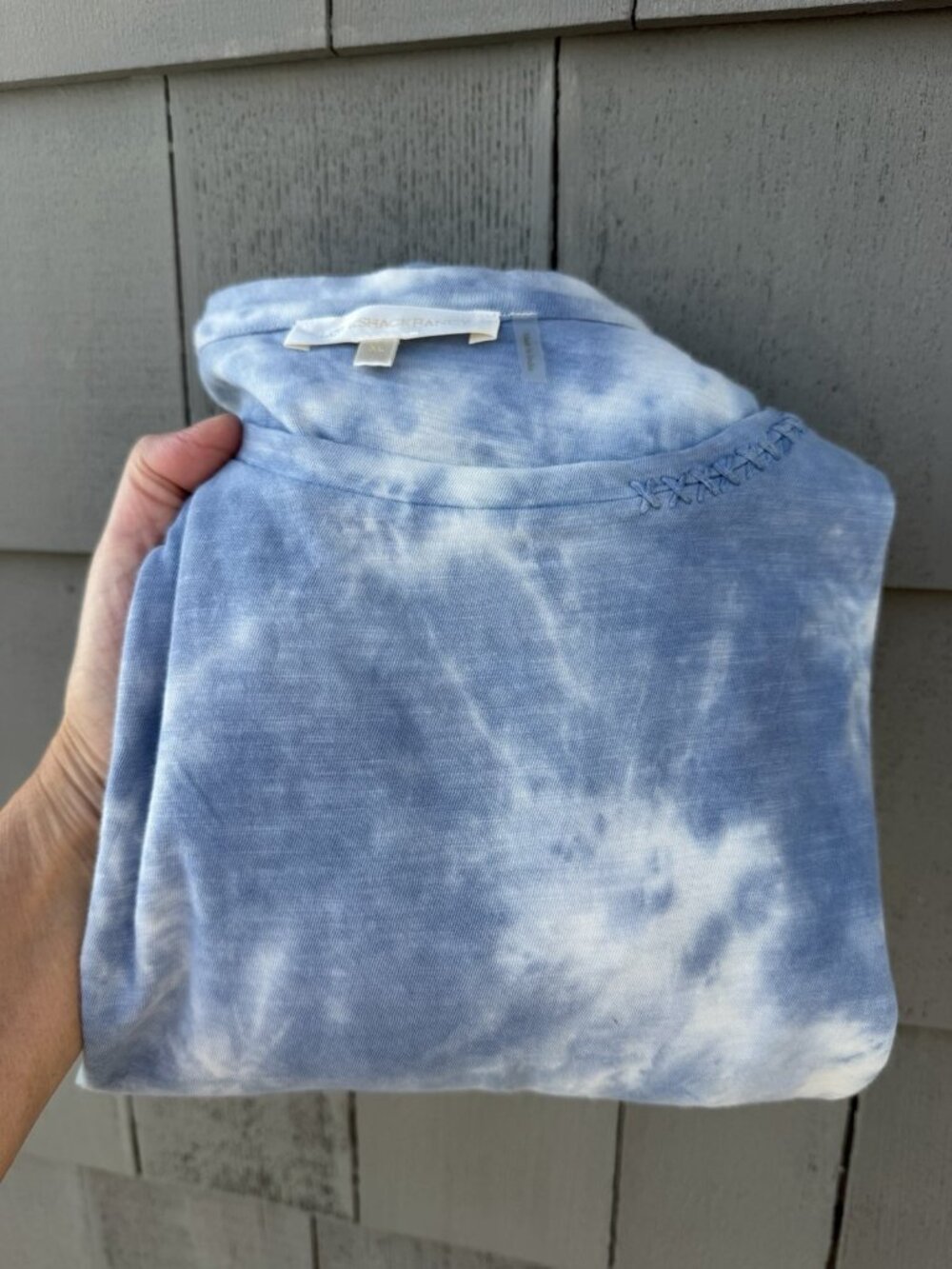 LoveShackFancy blue white tie-dye scoop neck embroidered Bohemian tshirt XL - Picture 2 of 11